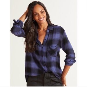 Evereve x Cloth & Stone | Blue and Black Midnight Plaid Shirt | Size Medium